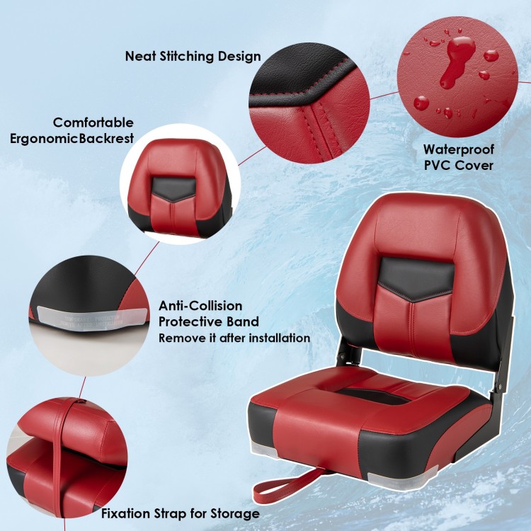 Folding low back fishing boat seat in red with ergonomic backrest, waterproof PVC cover, and fixation strap for storage.