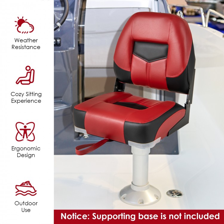 Folding low back fishing boat seat in red and black with ergonomic design, padded seat, and weather-resistant PVC for.
