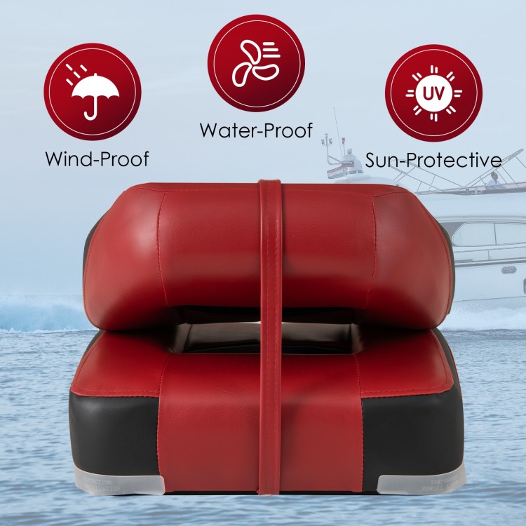 Folding low back fishing boat seats in red with ergonomic support, water-proof PVC, and durable design for outdoor use.