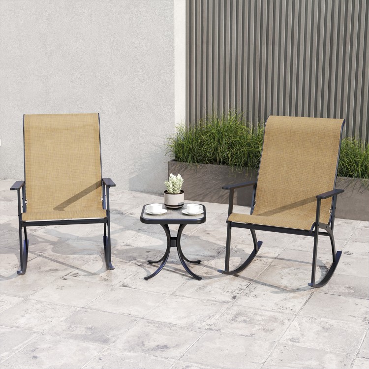 Heavy-duty rocking bistro chairs with high backrest and wood-plastic tabletop, perfect for backyard relaxation.