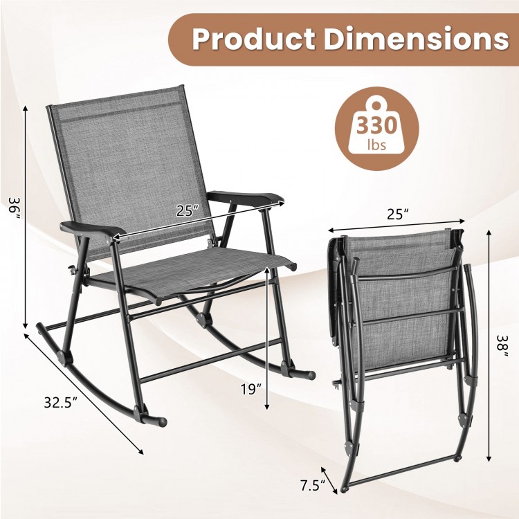 Folding rocking chair dimensions with breathable gray seat fabric and heavy-duty metal frame, supports up to 330 lbs.