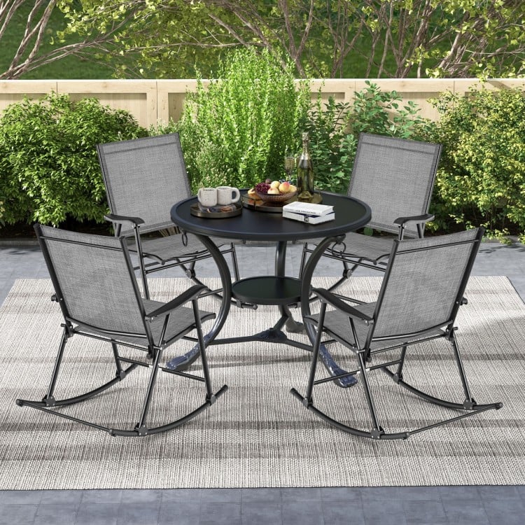 Set of two gray folding rocking chairs with breathable fabric and ergonomic design, perfect for outdoor relaxation.