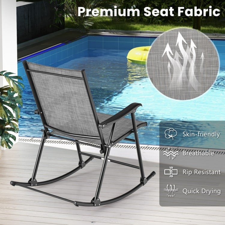 Folding rocking chair set of 2 in gray with breathable, rip-resistant fabric, perfect for outdoor relaxation.