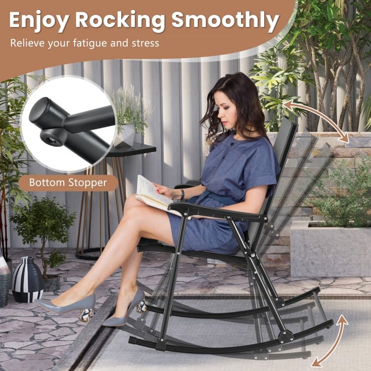 Folding rocking chair set of 2 in gray with breathable fabric and ergonomic design for comfortable outdoor relaxation.