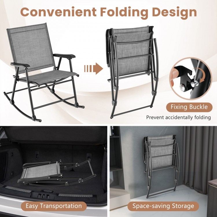 Folding rocking chair set of 2 in gray with breathable fabric, featuring a space-saving design and fixing buckle for.