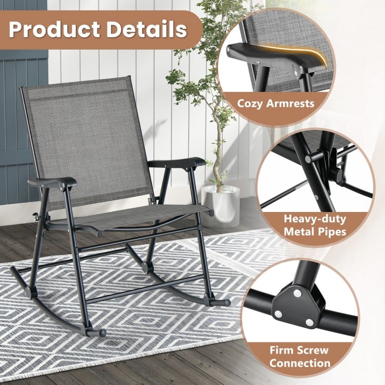 Folding rocking chair in gray with breathable seat fabric, featuring cozy armrests and heavy-duty metal frame for.