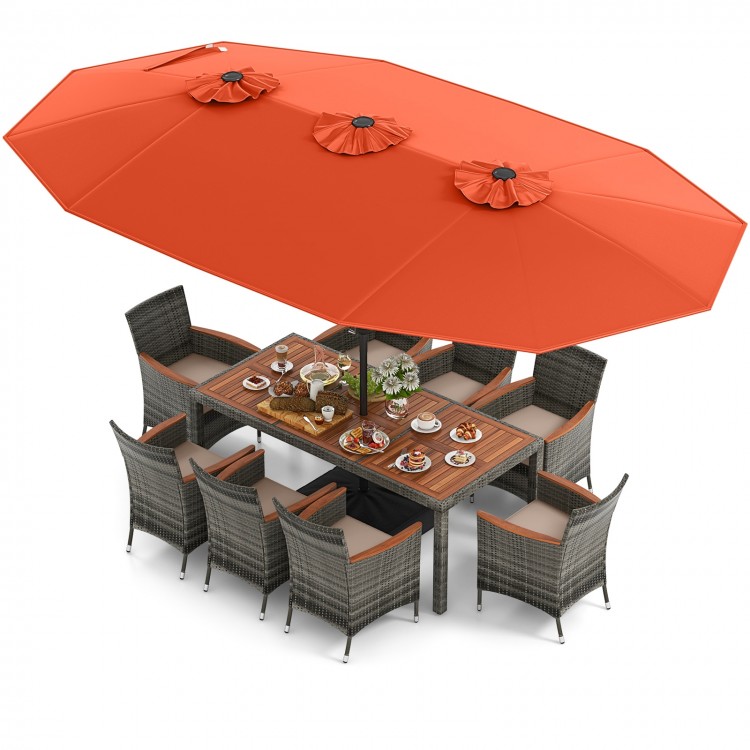 10 Pieces Patio Wicker Dining Set with 15 Feet Double-Sided Patio Umbrella - Gallery View 1 of 4