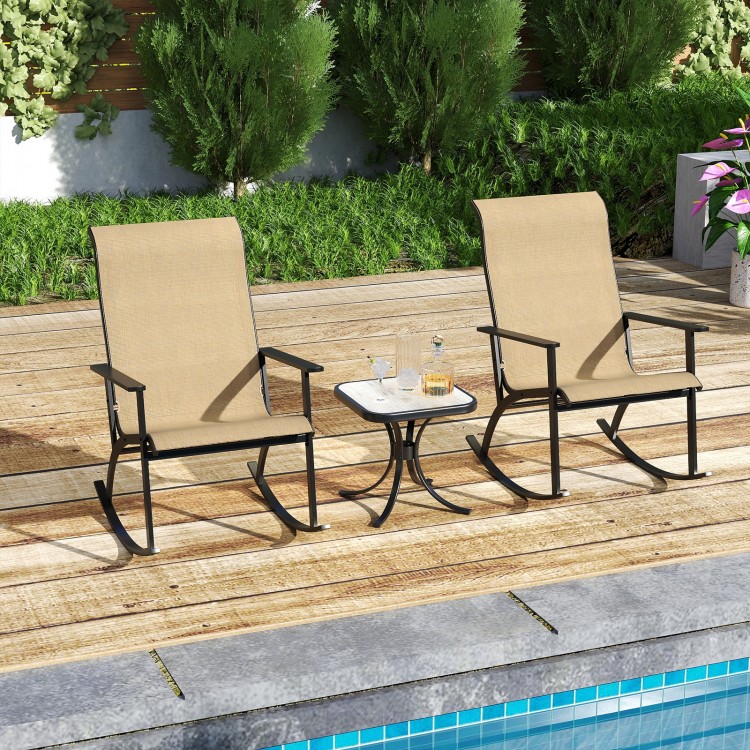 Heavy-duty rocking bistro chairs set with high backrest and wood-plastic tabletop, perfect for backyard relaxation.