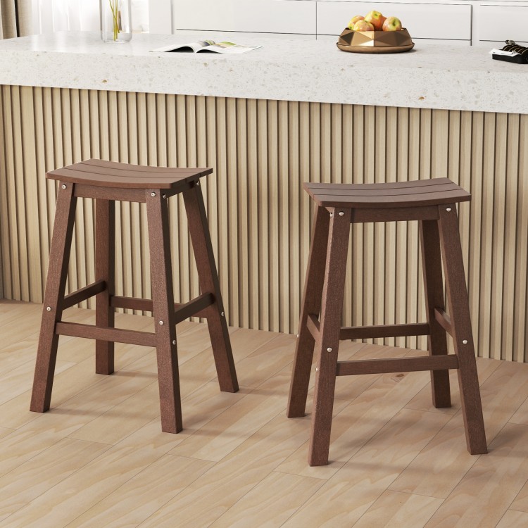 Set of 2 brown HDPE patio bar stools with curved seats and footrests, ideal for outdoor relaxation at bar height tables.