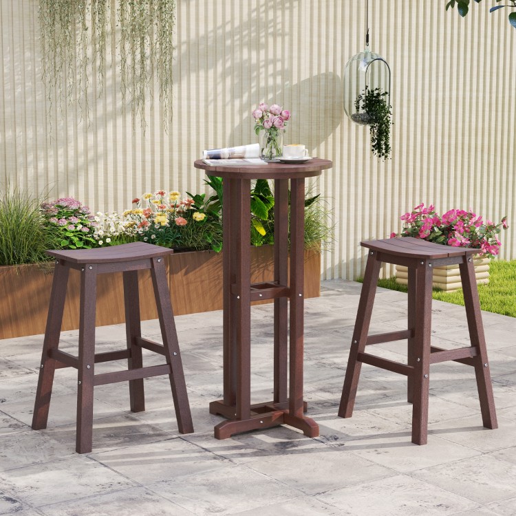 Brown HDPE patio bar stool set of 2 with armless saddle design, perfect for outdoor relaxation at bar height tables.