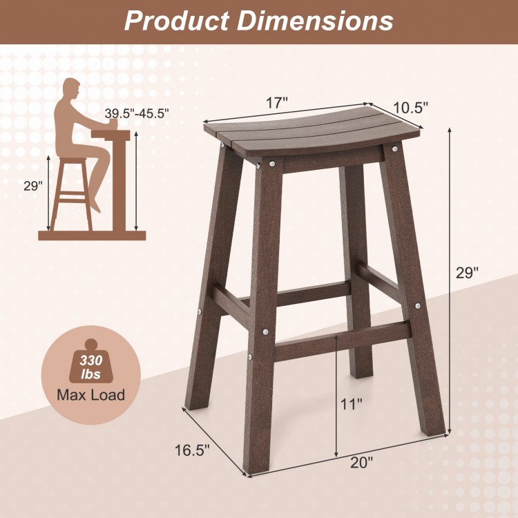Dimensions of 29-inch HDPE patio bar stool, brown, with slatted seat, suitable for 39.5" to 45.5" bar height tables.