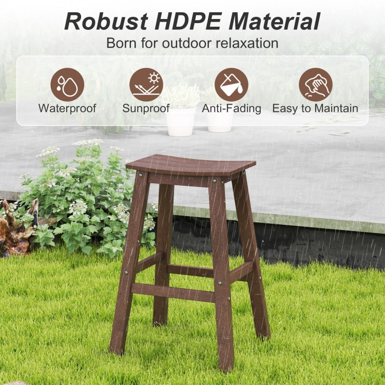 29-inch brown HDPE patio bar stool with slatted seat and footrests, perfect for outdoor relaxation and comfort.