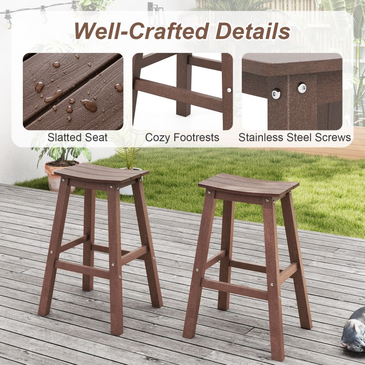Set of 2 brown 29-inch HDPE patio bar stools with slatted seats and stainless steel screws, perfect for outdoor.