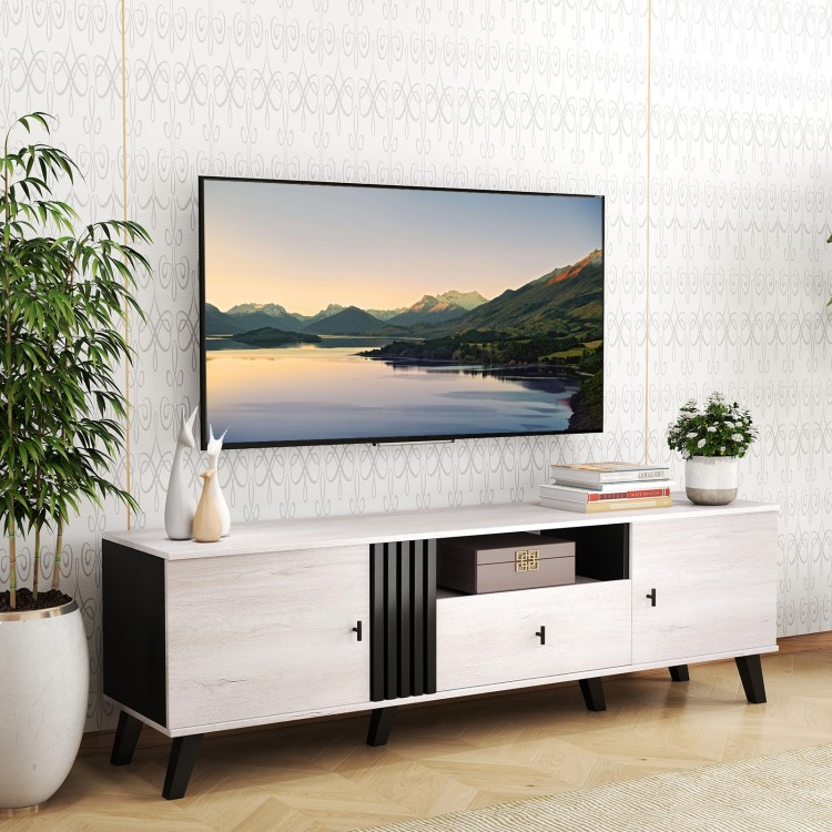Mid Century Modern TV stand in oak finish with open shelf and storage, designed for 80" TVs, ideal for living rooms.
