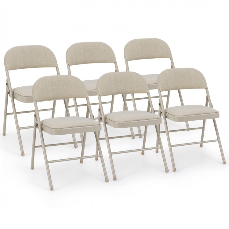 Set of 6 foldable chairs with padded seats and fabric-covered backrests, perfect for dining or events.