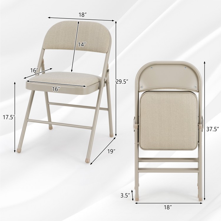 Foldable chair with padded seat and fabric backrest, featuring a space-saving design for easy storage and portability.