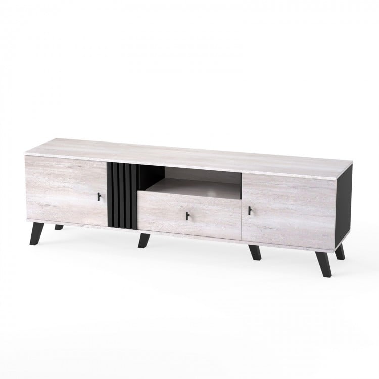 Mid Century Modern TV stand in oak with fluted design, spacious for 80" TVs, featuring storage doors and drawer.