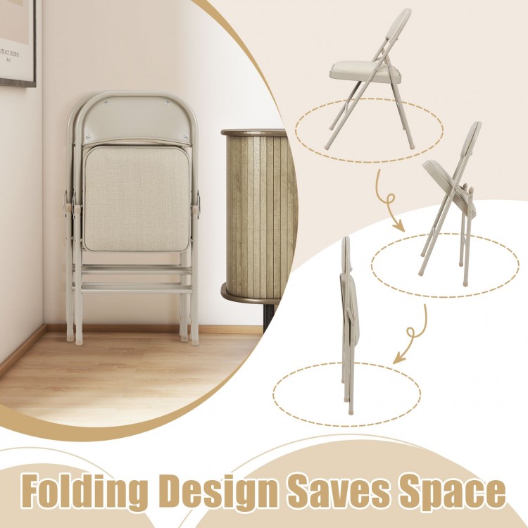 Foldable chair set of 6 with padded seat and fabric backrest, showcasing space-saving design for easy storage.
