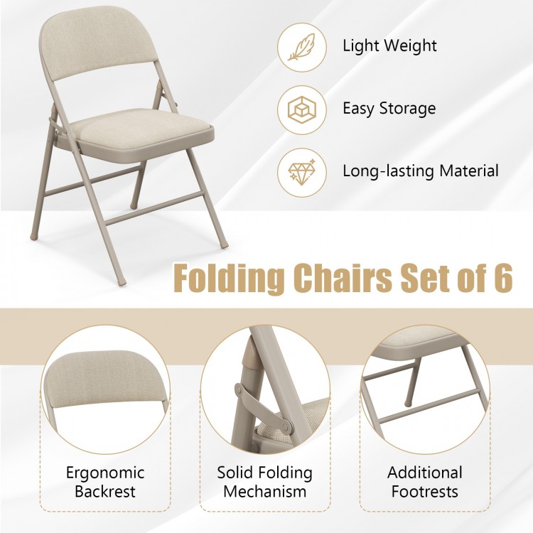 Set of 6 foldable chairs with padded seats and ergonomic backrests, ideal for dining and easy storage.