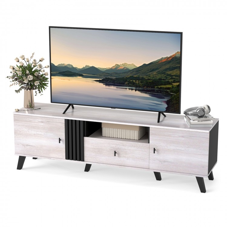 Mid Century Modern TV stand in oak with spacious 68" tabletop, storage doors, and fluted decoration for living rooms.