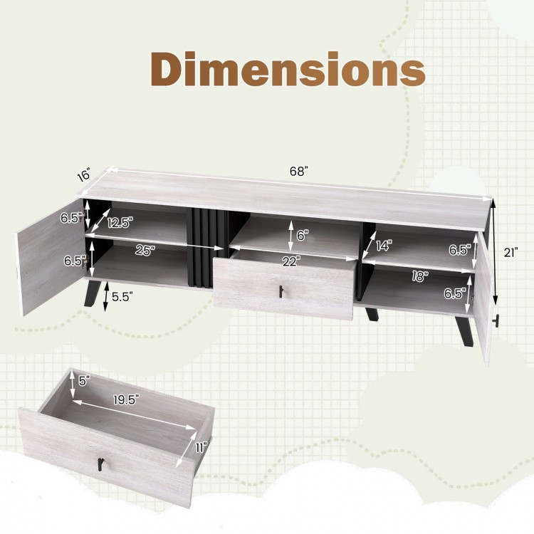 Dimensions of the Mid Century Modern TV Stand in oak, featuring 68" length, open shelves, and storage compartments.