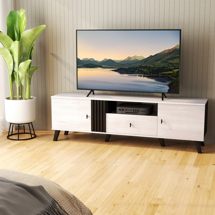 Mid Century Modern TV stand in oak, featuring a spacious 68" tabletop and versatile storage for media and decor.