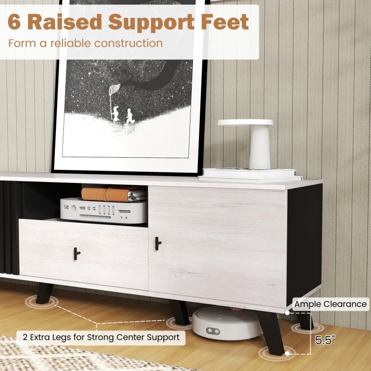 Mid Century Modern TV stand with 68" tabletop, 6 raised support feet, and ample 5.5" clearance for easy cleaning.