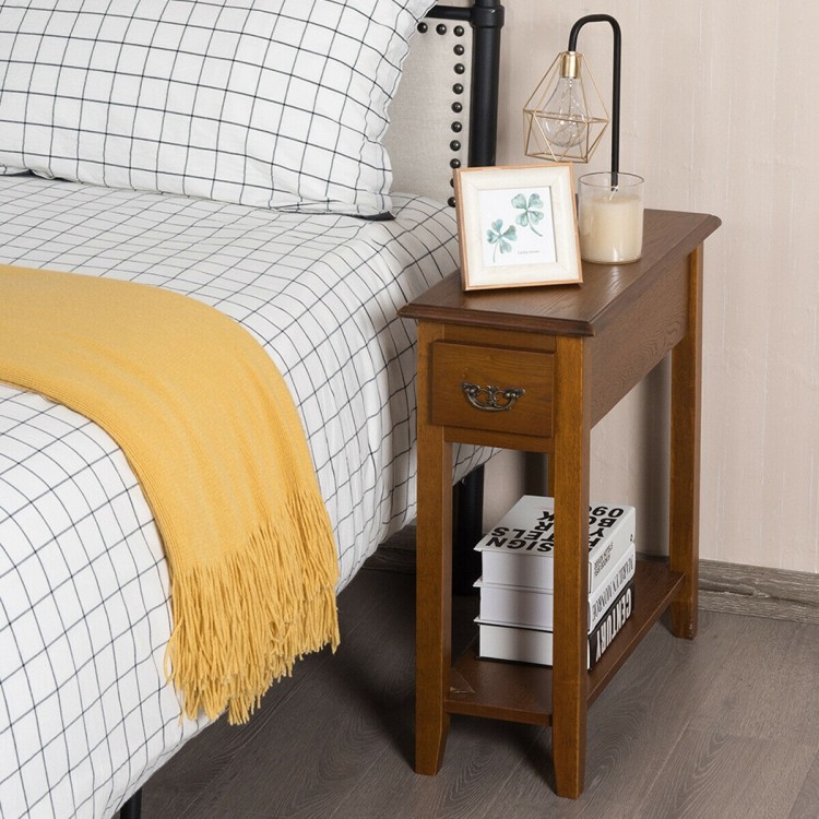 Narrow wooden end table with drawer and open shelf, perfect for bedside or living room storage in compact spaces.