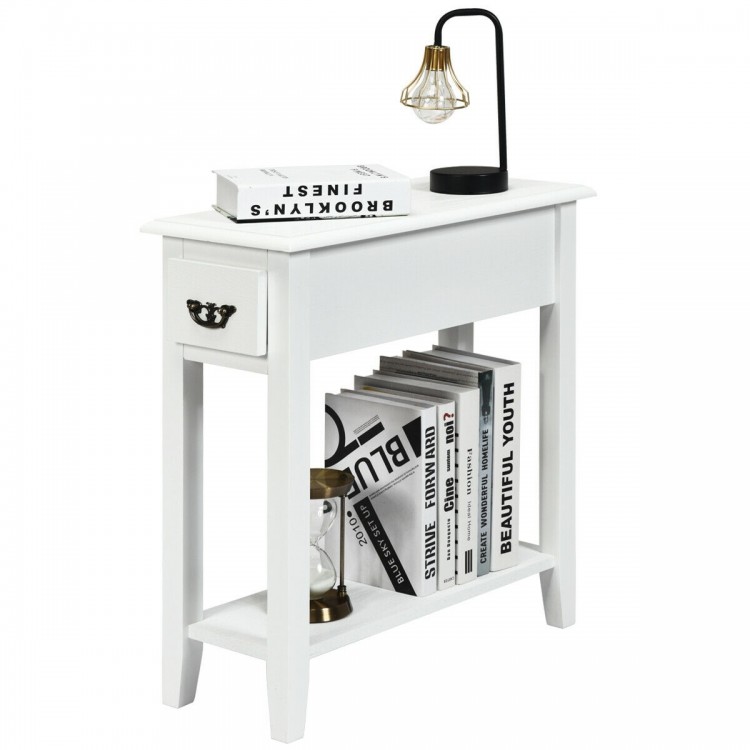 Narrow white end table with wooden legs, featuring a drawer and open shelf, perfect for small spaces in living rooms or.