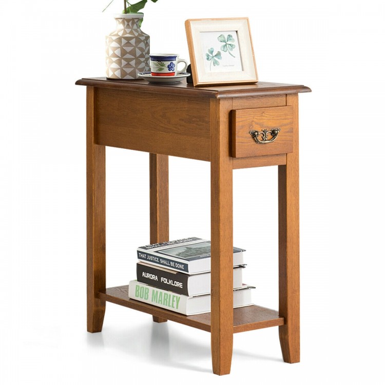 Narrow wooden end table with a drawer and open shelf, perfect for bedside or living room storage and display.