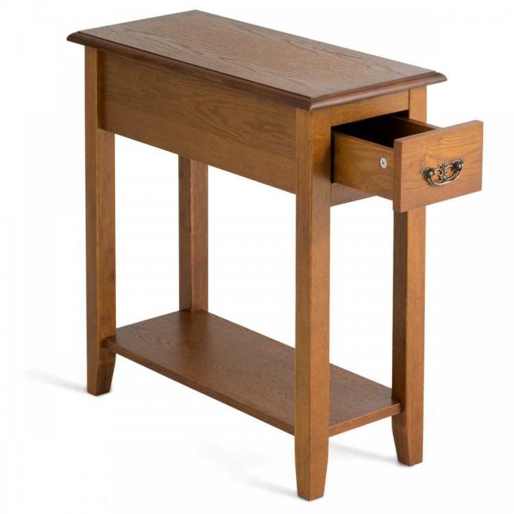 Narrow end table with wooden legs, featuring a large drawer and open shelf, perfect for bedside or living room use.