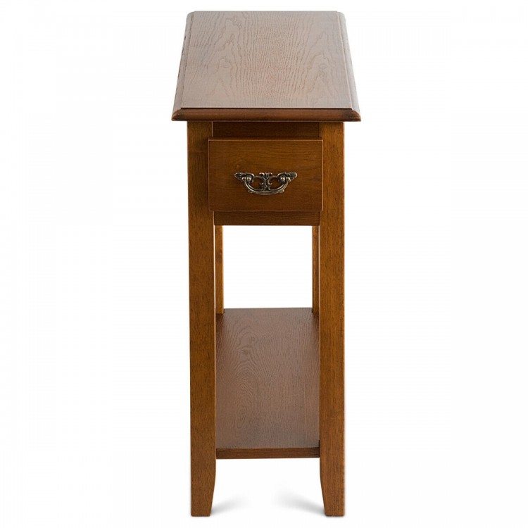 Narrow end table showcasing a spacious tabletop and lower open shelf, ideal for compact living room or bedroom use.