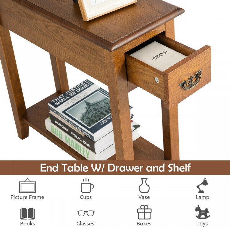 Narrow end table with wooden legs, featuring a drawer and open shelf, perfect for small spaces in living rooms or.