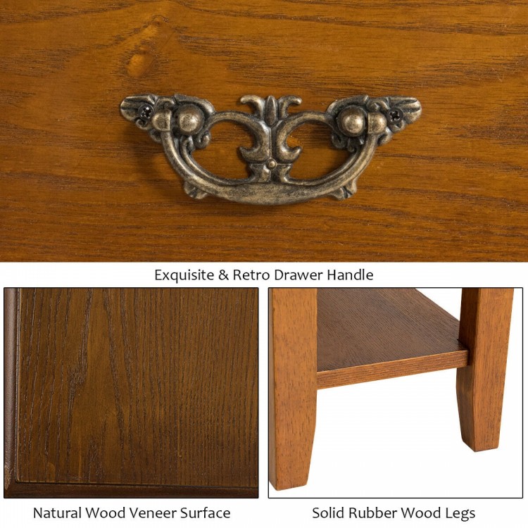 Close-up of the exquisite retro drawer handle on a narrow end table with natural wood veneer surface and solid rubber.