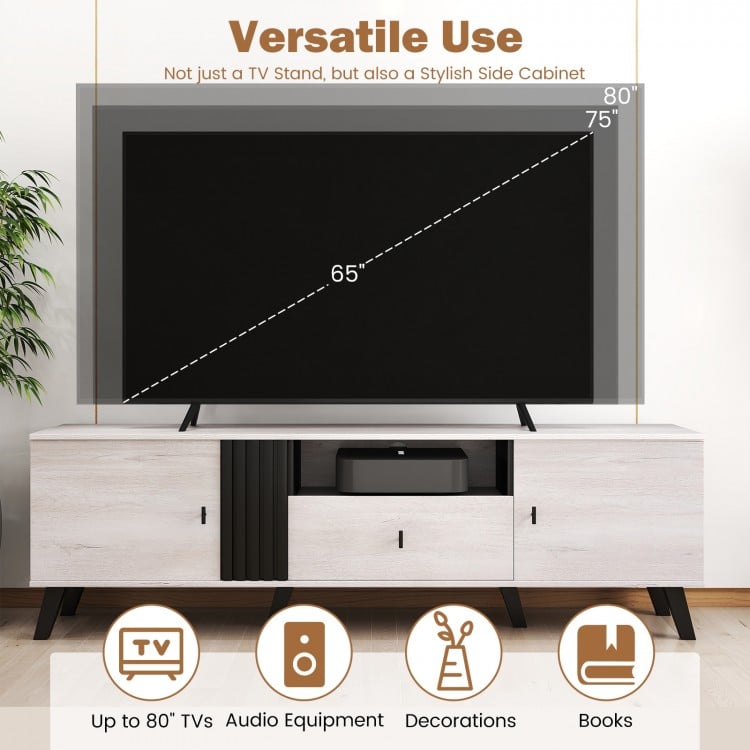 Mid Century Modern TV stand in oak, featuring a spacious 68" tabletop for up to 80" TVs and versatile storage options.