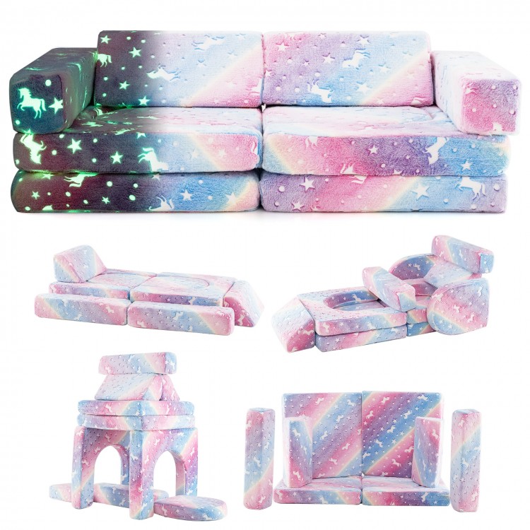 Modular kids play couch sectional sofa in multicolor, glow in the dark, soft flannel, perfect for imaginative play.