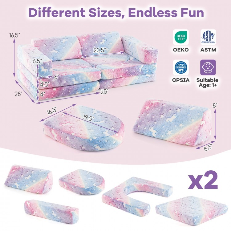 Modular kids play couch sectional sofa in multicolor, featuring soft flannel fabric and glow-in-the-dark design for.