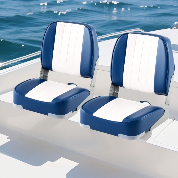 Folding low back boat seats in blue and white PVC leather, waterproof and ergonomically designed for comfort.