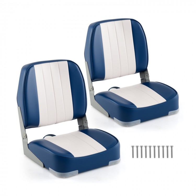 Folding low back boat seats in blue and white PVC leather, waterproof with ergonomic design, ideal for cabin seating.