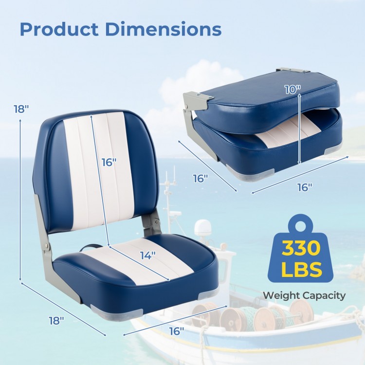 Folding low back boat chair dimensions showing waterproof PVC leather, 330 lbs capacity, and ergonomic design for.