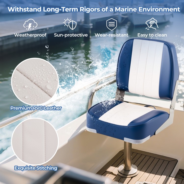 Folding low back boat chair in blue with waterproof PVC leather, designed for comfort and durability in marine.