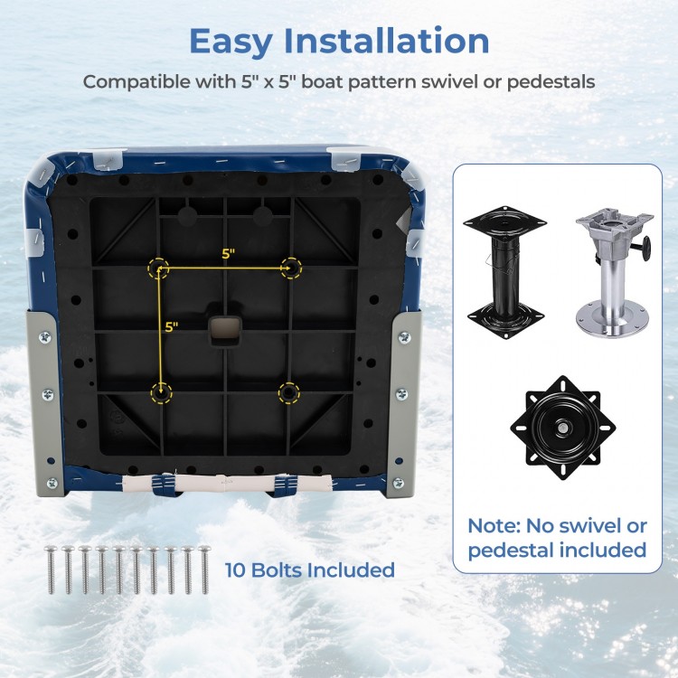 Folding low back boat chair base with 5" x 5" installation pattern, includes 10 bolts for easy setup and strong support.