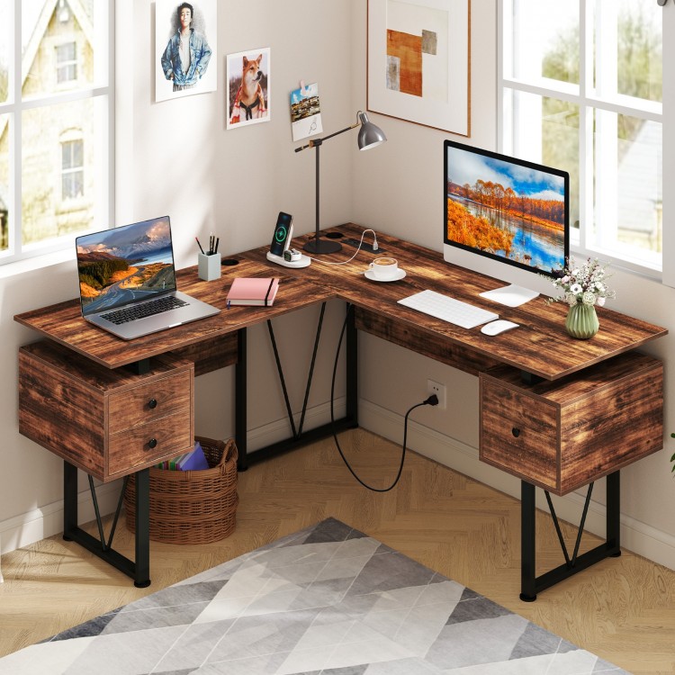 L-shaped computer desk in rustic brown with power outlets, three storage drawers, and cable management for a tidy.