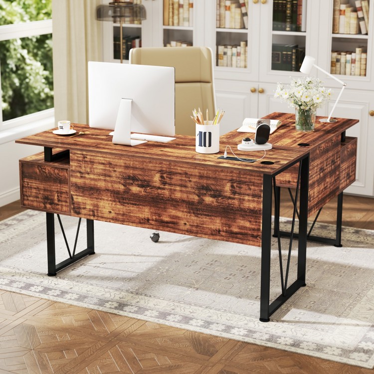 L-shaped computer desk in rustic brown with 3 storage drawers and power outlets, perfect for home office organization.