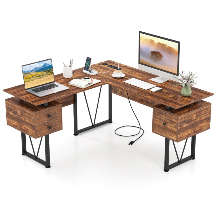 L-shaped computer desk in rustic brown featuring a spacious tabletop, ideal for multitasking and efficient workspace.