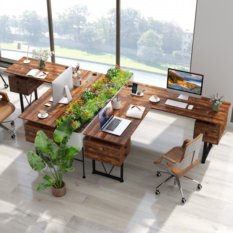 L-shaped computer desk in rustic brown with power outlets, 3 storage drawers, and a stylish plant centerpiece.