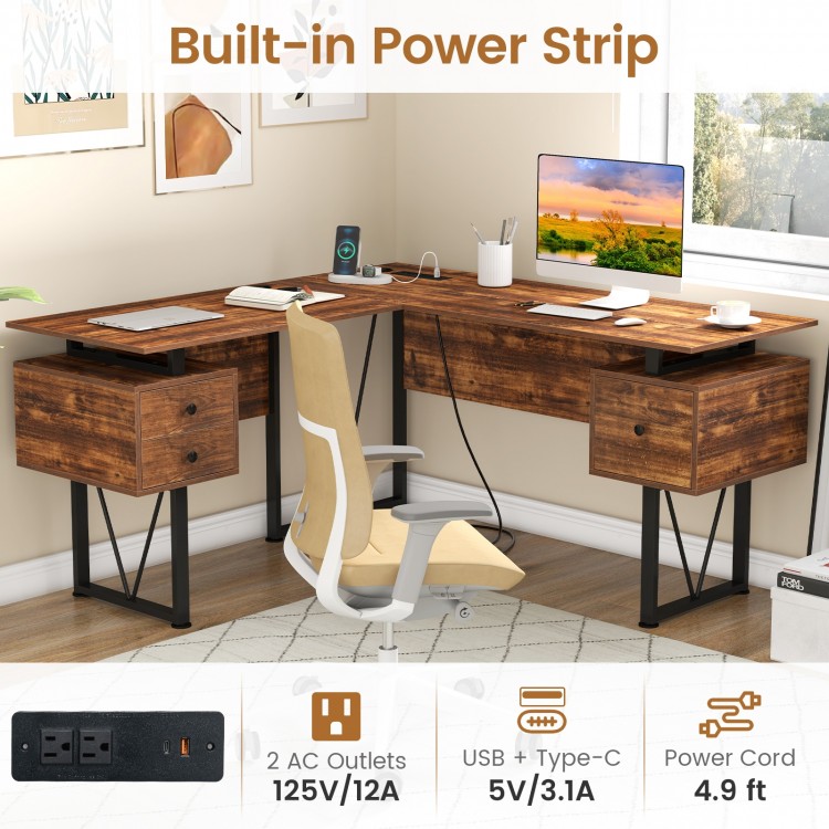 L-shaped computer desk in rustic brown with power outlets and three storage drawers, perfect for home office.