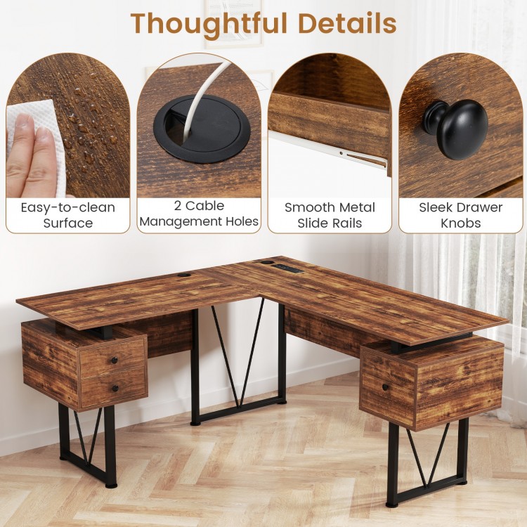L-shaped computer desk in rustic brown with 3 storage drawers and cable management holes for organized workspace.