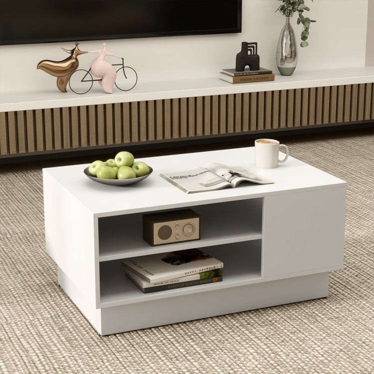 Modern white coffee table featuring 2-tier open storage shelves, spacious tabletop, and sleek design for contemporary.