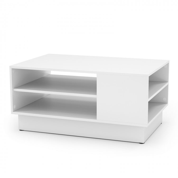 Modern white coffee table featuring 2-tier open storage shelves, clean lines, and a spacious tabletop for versatile use.